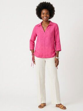 SIGRID OLSEN Hot Pink 100% Linen V-Neck Top Medium Side Ties Coastal Spring Boho